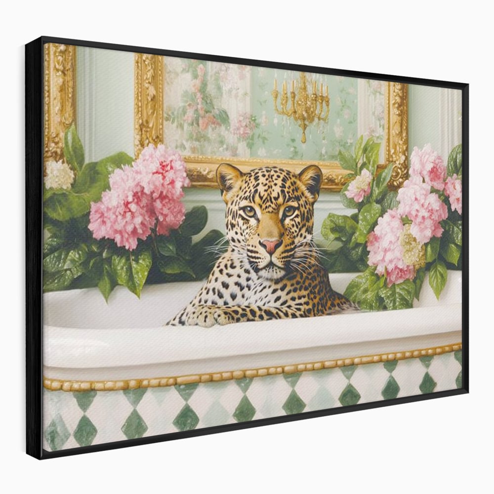Tablou canvas cu tablou canvas cu leopard in cada, in rama de aluminiu negru